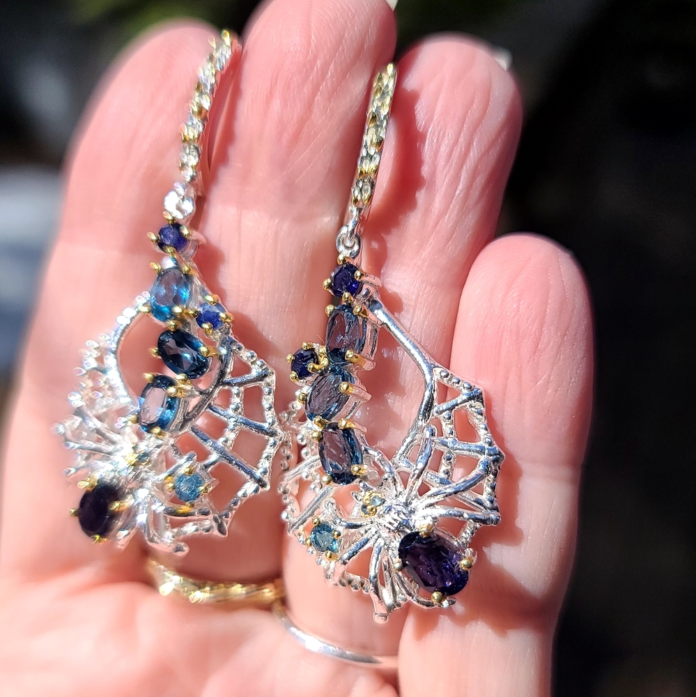 Sapphire Lolite & Topaz  Spider 🕷 on web🕸 Sterling & gold dramatic earrings - Picture 5 of 9